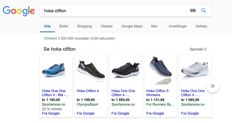 annonsering på google - google shopping etter hoka sko